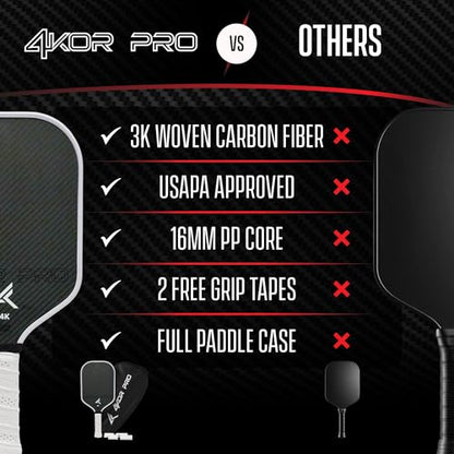 4KOR PRO Edition Carbon Fiber Pickleball Paddle – USAPA Approved 16mm Elongated Paddle – Lightweight Composite Professional Pickleball Racket for Adults with Replacement Grip Tape and Storage Case