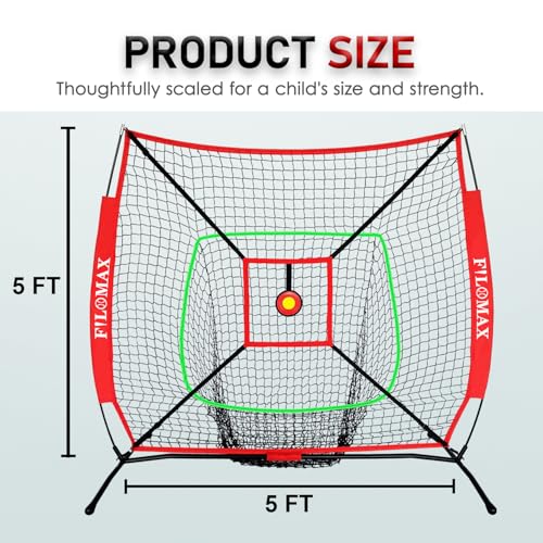 5x5ft Baseball & Softball Practice Net for Kids,with Red Youth Tee & Strike Zone, Portable Backyard Batting Net for Softball & Baseball, Perfect for Children 12 & Under