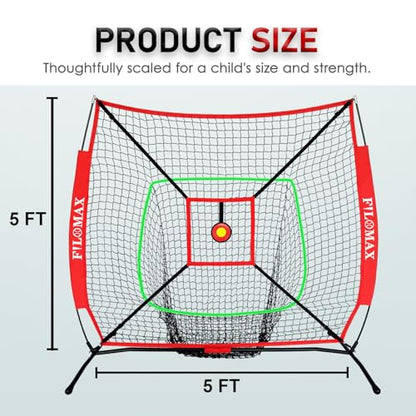 5x5ft Baseball & Softball Practice Net for Kids,with Red Youth Tee & Strike Zone, Portable Backyard Batting Net for Softball & Baseball, Perfect for Children 12 & Under