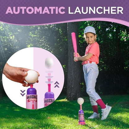 T Ball Stand for Kids and Toddlers 1-3, 3-5, 5-8. Baseball Set Includes 6 Large Balls, an Adjustable Tball Batting Tee, and a Pitching Machine. Kids Bat and T-Ball Set - style: PINK T BALL