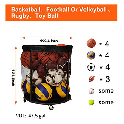 Kingarage Ball Storage Cart, Ball Storage Bin for Balls, 48 Gals Mesh Ball Holder, Basketball Rack with Wheels, Outdoor, Indoor