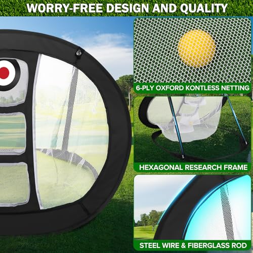 Golf Chipping Net with Tri-Turf Hitting Mat Set - Foldable Practice Target, 12 Foam Balls & 6 Tees in Carry Bag - Indoor Outdoor Backyard Golf Precision Training Gift & Aid for Beginners
