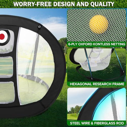 Golf Chipping Net with Tri-Turf Hitting Mat Set - Foldable Practice Target, 12 Foam Balls & 6 Tees in Carry Bag - Indoor Outdoor Backyard Golf Precision Training Gift & Aid for Beginners