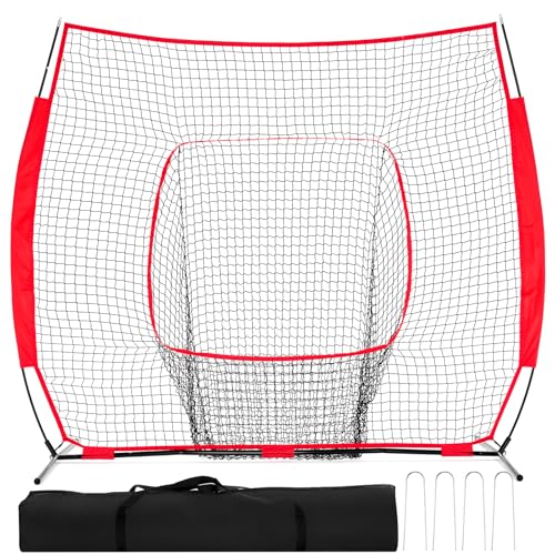 NEWBULIG 7x7ft Baseball Softball Net, Practice Pitching, Batting, and Hitting Nets Including Portable Bag, for Players of All Skill Levels Practice - color: Ruby, size: 6.8 ft x 6.8 ft