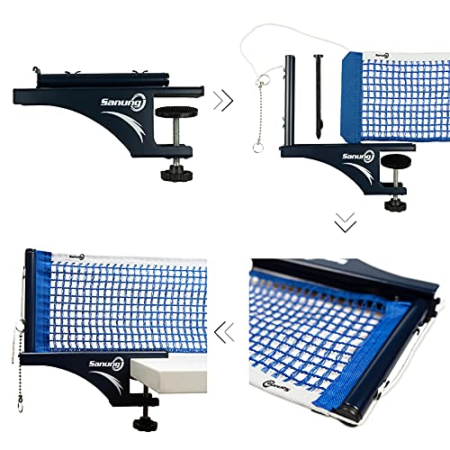 Sanung S405 Table Tennis Net and Post Set, Thickened Folding Ping Pong Table Net and Post Kit with Bead Chain Measuring Ruler for Any Standard Table Indoor Outdoor, Blue