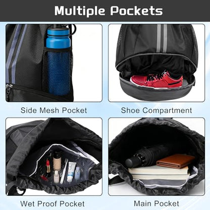 Sports Drawstring Backpack with Shoes Compartment, String Gym Bag with Wet Proof Pocket for Basketball, Soccer, Swim, Black Sport Bag for Men and Women