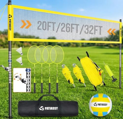 Outdoor Volleyball Net System for Backyard, Adjustable Height (5.1–8FT) & Width (20–32FT), Anti-Sag Tension System, 2-in-1 Badminton Combo Set with Carry Bag, Rackets & Shuttlecocks