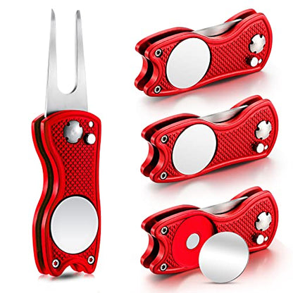 Skylety 4 Pcs Golf Divot Repair Tool Metal Foldable Golf Divot Tool with Magnetic Pop-up Button Ball Marker Stainless Steel Switchblade for Golfers Prizes - color: Red