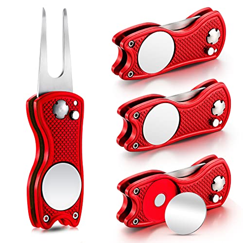 Skylety 4 Pcs Golf Divot Repair Tool Metal Foldable Golf Divot Tool with Magnetic Pop-up Button Ball Marker Stainless Steel Switchblade for Golfers Prizes - color: Red