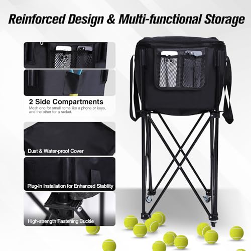 Portable Tennis Ball Hopper Holds 180 Balls, Tennis Ball Basket Cart with 4 Wheels & Brakes, Detachable Oxford Fabric Bag for Tennis and Pickleball Training, Black - color: Black steel
