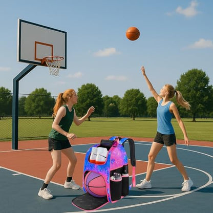 MATEIN Basketball Bag, Sturdy Soccer Bag with Ball Holder & Shoe Compartment, Large Basketball Backpack for Training Equipment, Water Resistant Sports Ball Backpack Fits Volleyball Football, Colorful - color: Pink