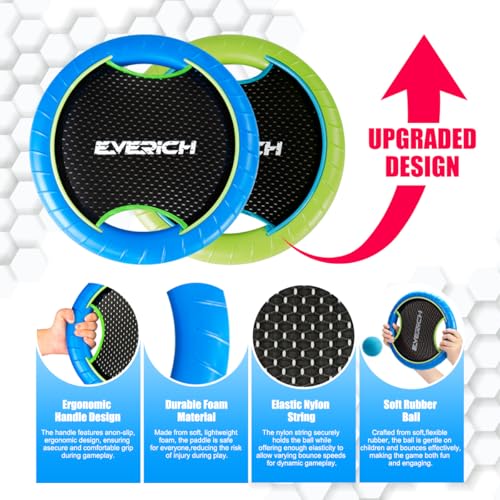 Bouncy Paddle Ball Game for Kids with EVA Foam Trampoline Paddles and Balls, Stringy Ball Toss and Catch Set for Indoor Outdoor Beach Pool Backyard Play, Flying Disc Gift for Boys & Girls