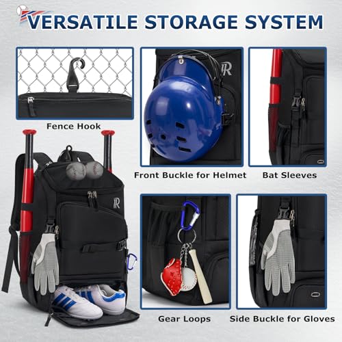 RAINSMORE Baseball Bag for Youth & Adult 40L Large Softball Bag Lightweight Baseball Backpack with Helmet Holder, Shoe Compartment, Fence Hook Waterproof Bat Bag for Baseball Softball Tball Equipment - color: Black