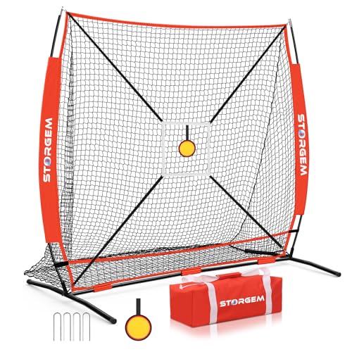 Storgem 6'X6' Baseball Softball Practice Net, Portable Baseball Net for Batting, Hitting, Pitching and Fielding, with Carry Bag, Strike Zone and Bow Frame, Great for Kids Adult Youth - color: Red Pro
