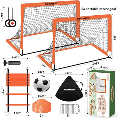 Bearwill Soccer Goal, Kids Soccer Goals for Backyard Set of 2, 4x3ft Portable Soccer Goal Pop Up Soccer Net, Kids Soccer Net Training Equipment with Soccer Ball, Ladder, Cones, Targets - color: Orange