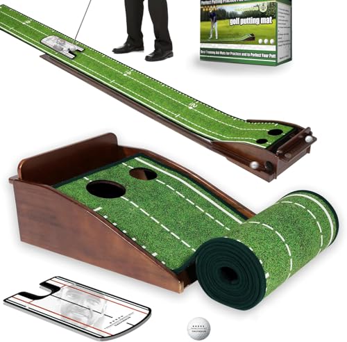 Dachenus Putting Green Indoor Mat Outdoor Golf Putting Mat with Automatic Ball Return - Ideal for Home, Office, and Outdoor Use - color: Olive green
