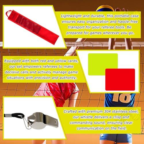 Volleyball Referee Flags Set with Storage Bag, 4PCS Referee Toolkit Includes Volleyball Flags, Storage Bag, 304 Stainless Steel Whistle, Red and Yellow Cards