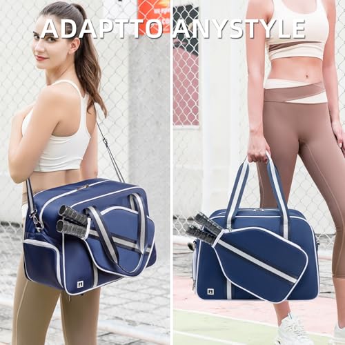 ROYALFAIR Pickleball Tote Bag for Women Men Large Capacity with Paddle Cover Pocket Internal Shoe Pocket and Adjustable Shoulder strap - color: navy blue