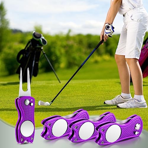 Skylety 4 Pcs Golf Divot Repair Tool Metal Foldable Golf Divot Tool with Magnetic Pop-up Button Ball Marker Stainless Steel Switchblade for Golfers Prizes - color: Purple