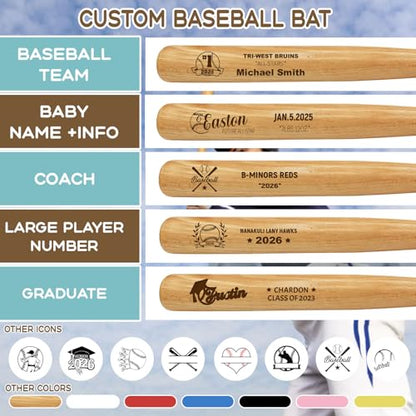 Personalized Mini Baseball Bat 18", Custom Engraved Name, Number & Logo, Small Wooden Bat Gift for Little League, Teams, Players, Fathers
