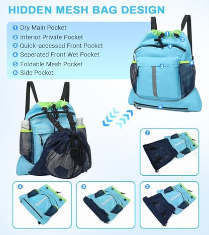 Drawstring Backpack, Waterproof Sandproof Beach Backpack for Sport Gear Small Gym Bag with Hidden Ball Net Pocket and Seperated Wet Pocket Draw String Back Bag for Women Men, Blue - color: Blue
