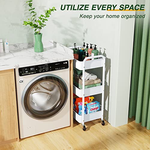 3 Tier Rolling Storage Cart, Metal Trolley Utility Cart with Wheels & Hooks, Easy Assembly Organizer Storage Cart for Bathroom Kitchen Office Bedroom