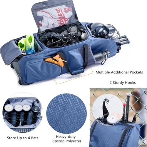 Upgraded Rolling Baseball Bag with Sturdy Hard Backing - Large Softball Bag with Wheels for 4 Bats, Large Team Equipment Duffle Bat Bag, Catcher Gear Bag for Boys 8-12, Youth, Adults