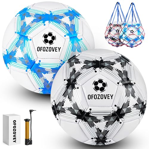 Soccer Ball Size 3,4,5 Two Pack,Classic Indoor Outdoor Soccer with 1 Pump 2 Net Bag and 2 Needle,Long-Lasting for Training, Games, Outdoor & Indoor Play Ideal Gift for Boys Girls Youth Adult - color: Black and Blue, size: 4