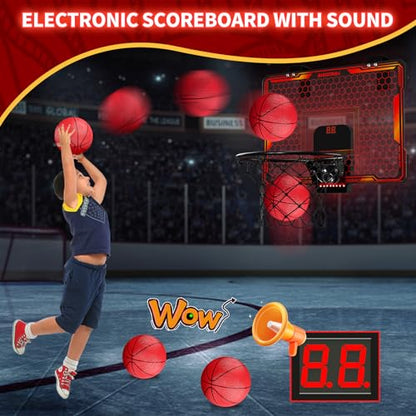 HYES Basketball Hoop Indoor, Mini Basket Ball Hoop with 7 LED Lighting, Scoreboard, Over Door Basketball Hoop with 3 Modes, Volume Adjustable, Foldable, Basketball Toys Gifts for Kids Adults - size: red- with remote controller