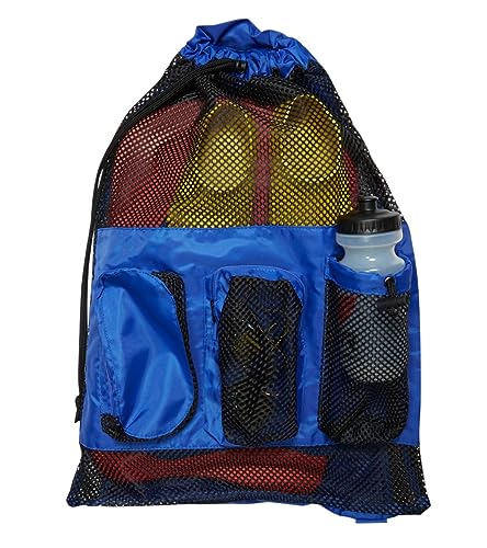 Sporti Swimming Equipment Bag Zipper Pocket, Mesh Drawstring Backpack, Drawstring Bags, Big Mesh Backpack for Workout Gear - color: Equipment - Royal Blue, style: 4. Two Shoulders & Pockets