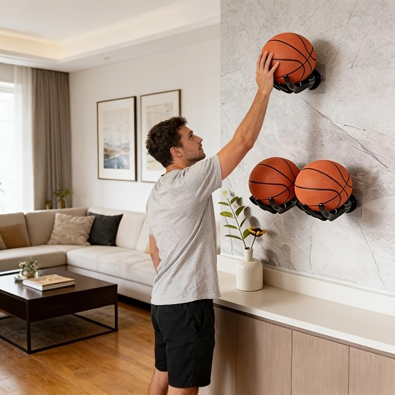 Ball Holder Wall Mount, No-Drill Storage Rack for Basketball, Soccer, Volleyball, Sports Ball Display Organizer, 1 Pack (Black)