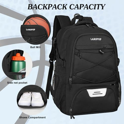 LARIPOP Basketball Backpack Large Basketball Bag with Ball Holder & Shoe Compartment for Youth Adults Men Women - color: Black