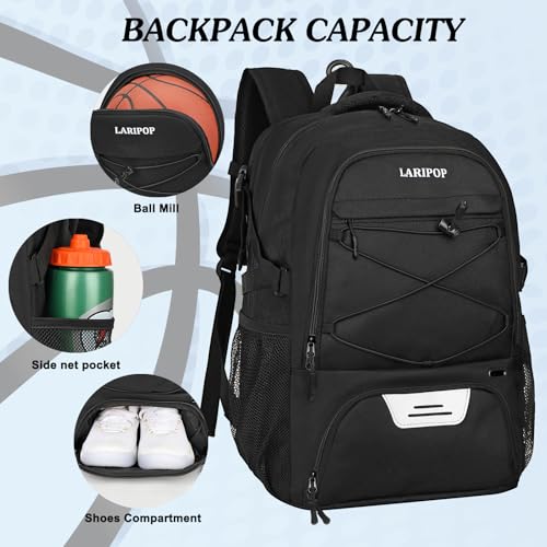 LARIPOP Basketball Backpack Large Basketball Bag with Ball Holder & Shoe Compartment for Youth Adults Men Women - color: Black