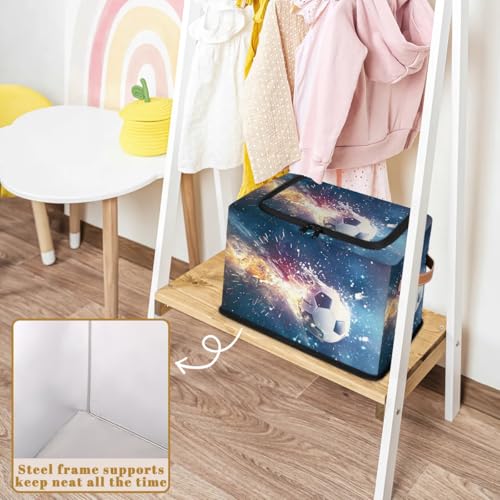 Soccer Sports Storage Bins with Zipper Lid Collapsible Storage Bags Foldable Stackable Storage Boxes Clothes Organizer Containers with PU Leather Handles (23L-2 Pack) - size: 2-Pack 14.2x10.2x10 in