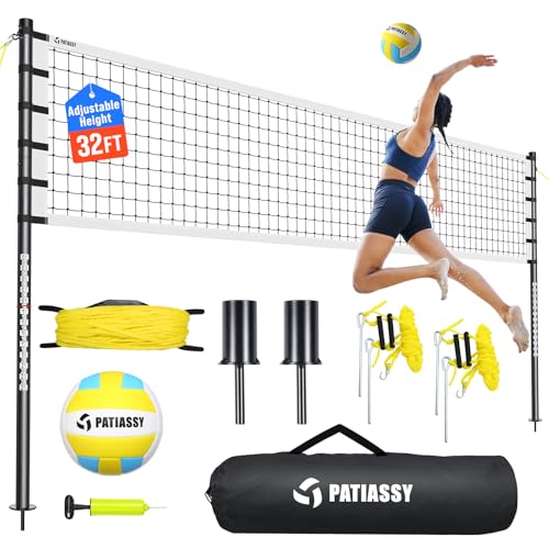 Outdoor Volleyball Net Set for Backyard & Beach, 32FT Regulation Size, Easy Setup Adjustable Height Poles, Portable Net System with PU Volleyball, Pump & Carry Bag - color: D-White