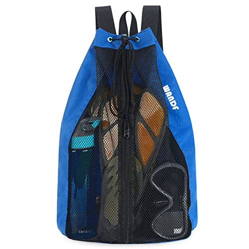 WANDF Swim Bag Mesh Drawstring Backpack Beach Backpack for Swimming, Gym, and Workout Gear - color: Navy Blue With Wet Pocket