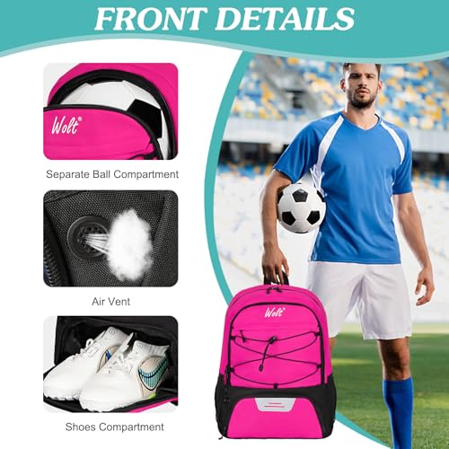 WOLT Soccer Backpack Soccer Bag with Ball Holder & Shoes Compartment, Sport Equipment Bags For Football, Basketball, Volleyball, Gym - color: Pink