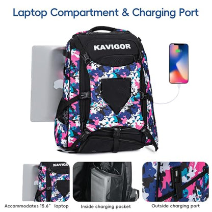 KAVIGOR Baseball Bag for Youth and Adult, Softball Backpack 50L Large Capacity, Equipment Backpack with Laptop Compartment and Charge Port