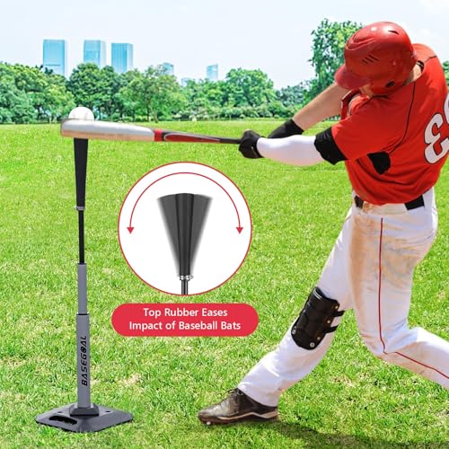 BaseGoal Baseball & Softball Batting Tee,Portable Hitting Tee,with Heavy Duty Base,Rolled Flexible Rubber Top,Adjustable Height for Kids or Adults - color: Gray Pro