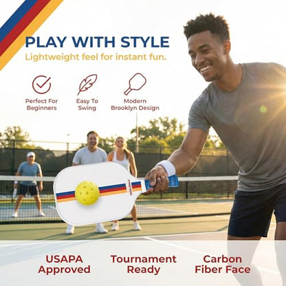 – Carbon Fiber Pickleball Paddles – USAPA Approved, Honeycomb Core, Cushioned Grip, Lightweight Design – Single Paddles & Paddle Sets - color: White Retro Stripe - Single Paddle