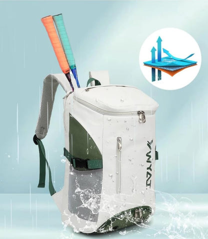 Badminton Tennis Backpack with Shoe Compartment,Racket Holder, Large Capacity Sports Bag for Tennis, Badminton, Pickleball, Squash - color: White&Green