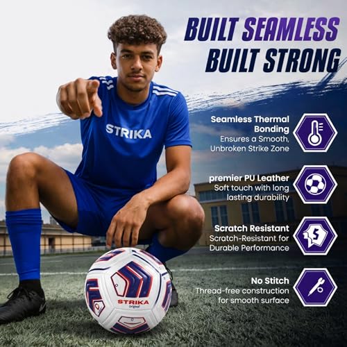 STRIKA Premium Soccer Ball Size 5 & 4 – Durable Hybrid Bonded Training Ball for Adults & Kids – Water-Resistant, Long Air Retention – Indoor/Outdoor Play
