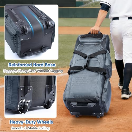 Rolling Baseball Bat Bag with Wheels, Large Capacity Gear Bag Holds 4 Bats, Reinforced Hard Base & Structured Back Panel, Top & Bottom Grab Handles, Shoe & Helmet Compartments for Youth &Adult Players - color: Grey