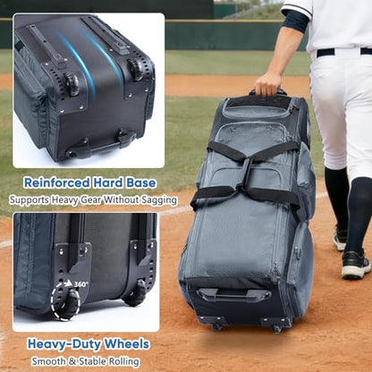 Rolling Baseball Bat Bag with Wheels, Large Capacity Gear Bag Holds 4 Bats, Reinforced Hard Base & Structured Back Panel, Top & Bottom Grab Handles, Shoe & Helmet Compartments for Youth &Adult Players - color: Grey