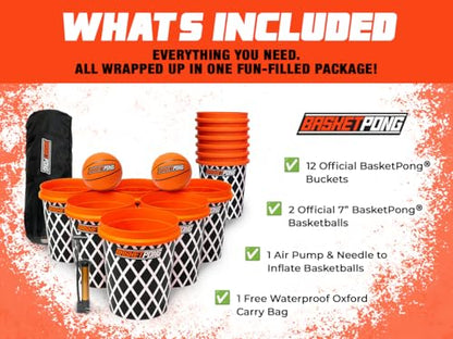 BasketPong Giant Yard Pong and Basketball Game with 12 Buckets, 2 Balls, Carrying Bag, and Air Pump – Outdoor Game for Lawn, Backyard, Beach, and Parties