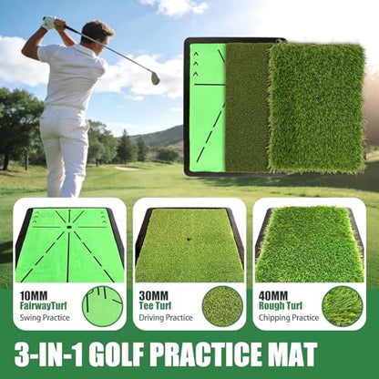 3 in 1 Golf Hitting Mats Training Equipment, Golf Practice Mat with Instant Swing Path Feedback, No-Slip Heavy Duty Rubber Base with 3 Replaceable Golf Training Mats