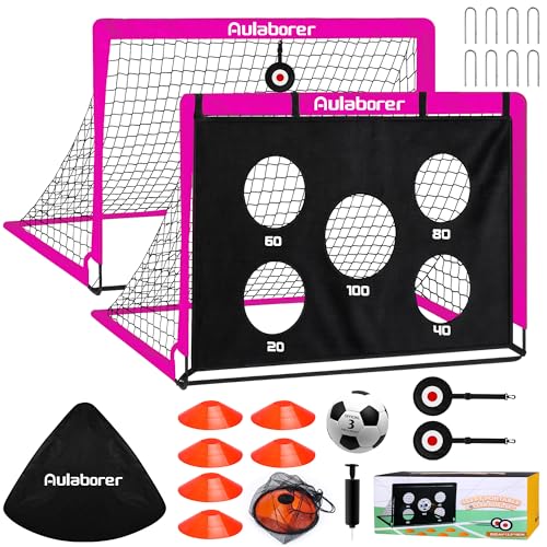 Soccer Goal, 2 Pack of 4x3ft Kids Soccer Goals Set for Backyard, Portable Pop-Up Soccer Net Training Equipment with Ball, Pump, Cones, Targets & Carry Bag for Outdoor Sports & Games - color: Neon Pink