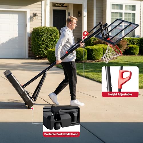 Portable Basketball Hoop, 4.9-10FT Adjustable Basketball Goal System, 44 Inch Outdoor Basketball Hoop for Backyard, Driveway, Court