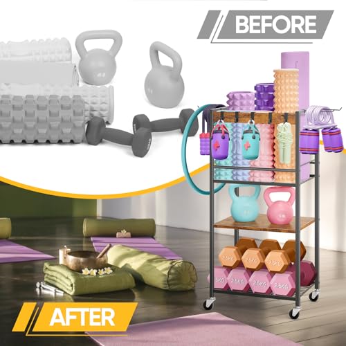 Home Gym Storage Rack, Heavy Duty Yoga Mat Holder Workout Equipment Storage Organizer Weight Rack with Hooks & Wheels for Dumbbells Kettlebells Dumbbell Yoga Block Foam Rollers Yoga Strap Resistance Bands, Fitness Exercise Equipment