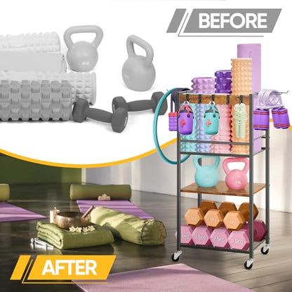Home Gym Storage Rack, Heavy Duty Yoga Mat Holder Workout Equipment Storage Organizer Weight Rack with Hooks & Wheels for Dumbbells Kettlebells Dumbbell Yoga Block Foam Rollers Yoga Strap Resistance Bands, Fitness Exercise Equipment